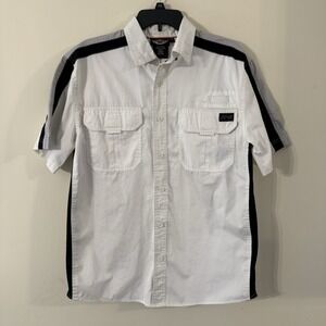 Harley Davidson‎ Mens Short Sleeve Button Down Shirt White grey/black Stripes M